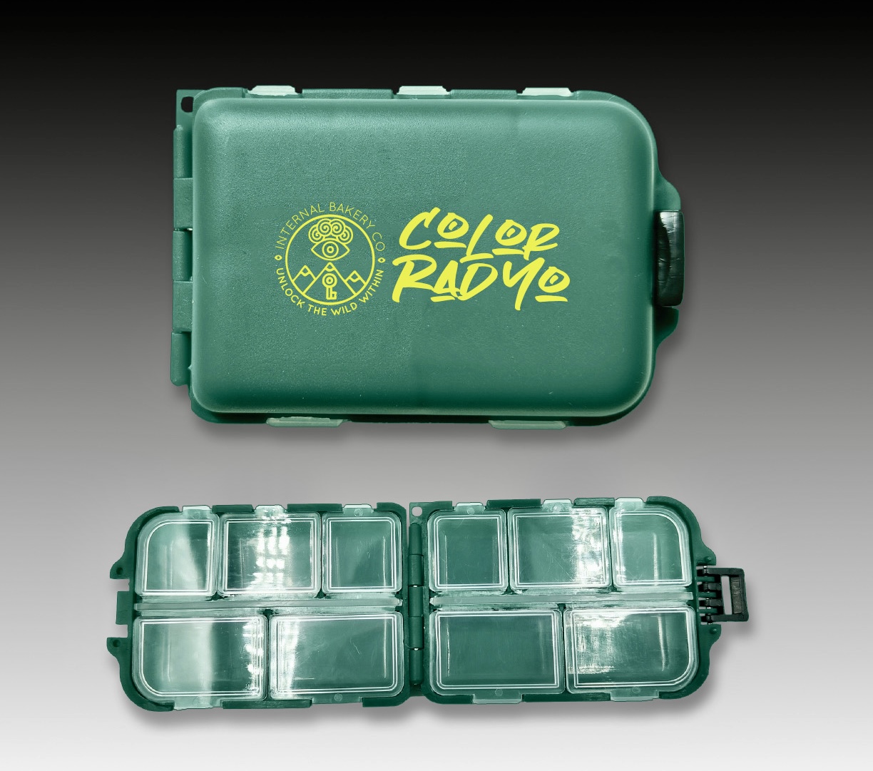 Your pocket-sized sidekick for the river, the trail, and everywhere in between. With 10 compartments, this versatile box folds in half and snaps shut to slip neatly into the front pocket of your shirt. Whether you’re storing fishing tackle, daily meds, or micro-essentials, the Catch & Stash Box keeps it all organized and within reach. Each box is stamped with our original “Color Rad Yo” design — a playful tribute to the beauty of Colorado and the wild spirit that inspires Internal Bakery. ✨ Why You’ll Love It: 10 compartments to keep small items secure Compact fold & snap design — fits right in your pocket Multi-use: tackle, meds, or everyday essentials Lightweight, durable, and ready for adventure Features our exclusive “Color Rad Yo” design Elevate your lifestyle — catch it, stash it, and carry the wild with you.